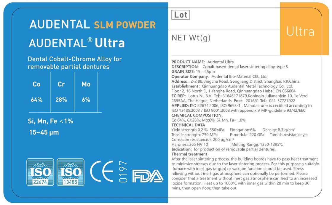 Audental Ultra SLM Powder CoCrMo Materiale per la stampa 3D di metallo dentale certificata CE FDA IdentAlloy